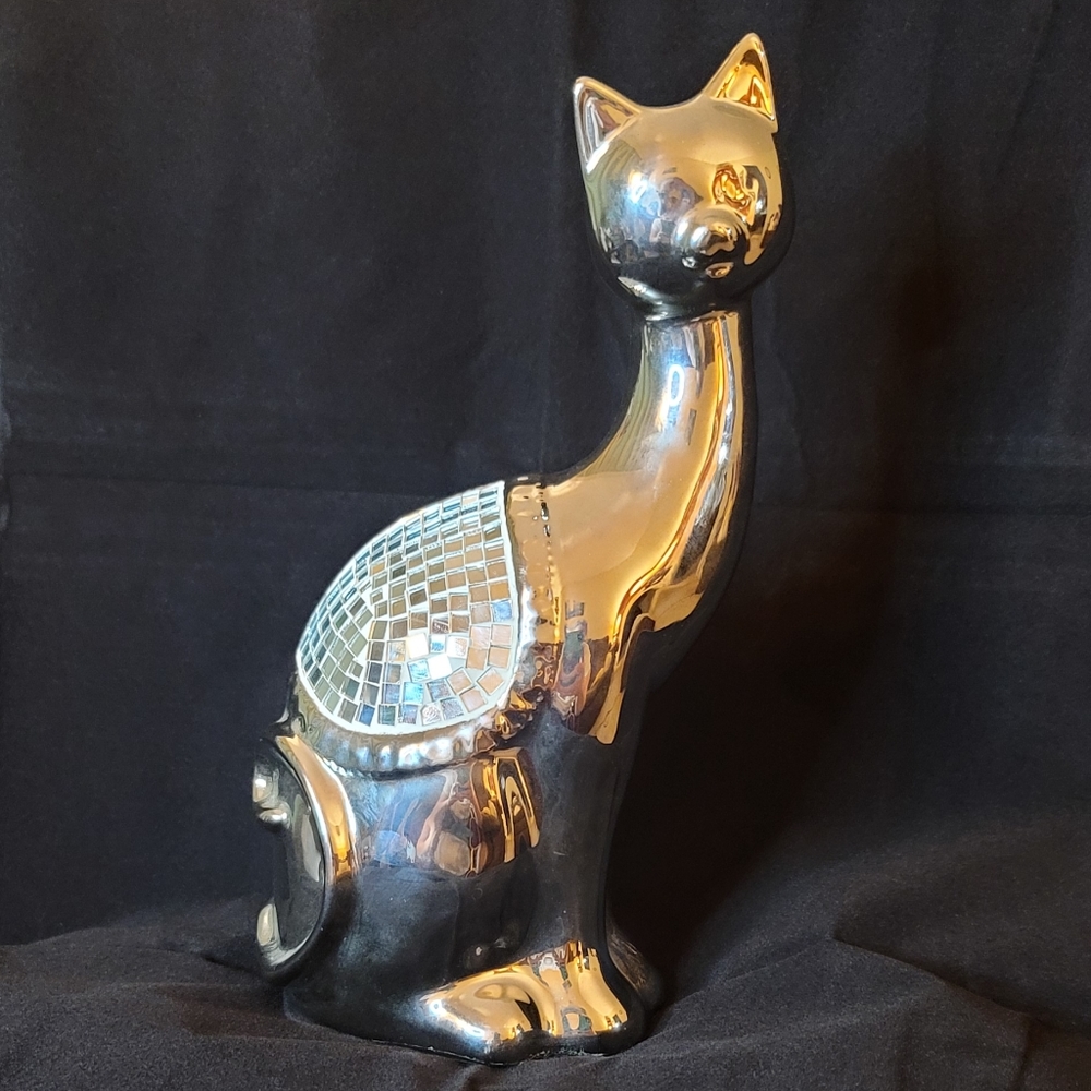 Vintage Silver Overlay on Ceramic Mirrored Mosiac Long Neck Cat Figurine